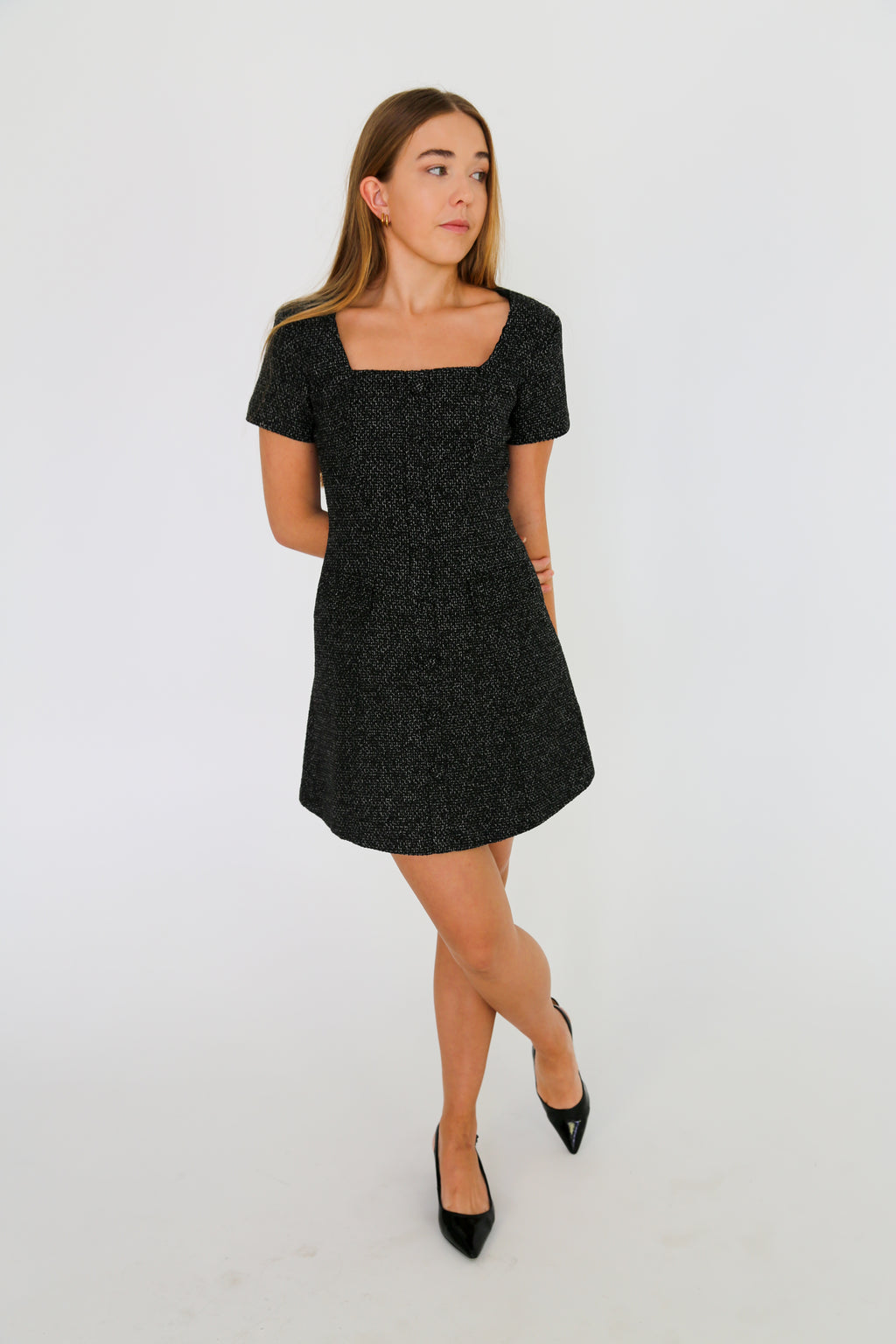 Grey Tweed Button-Front Mini Dress