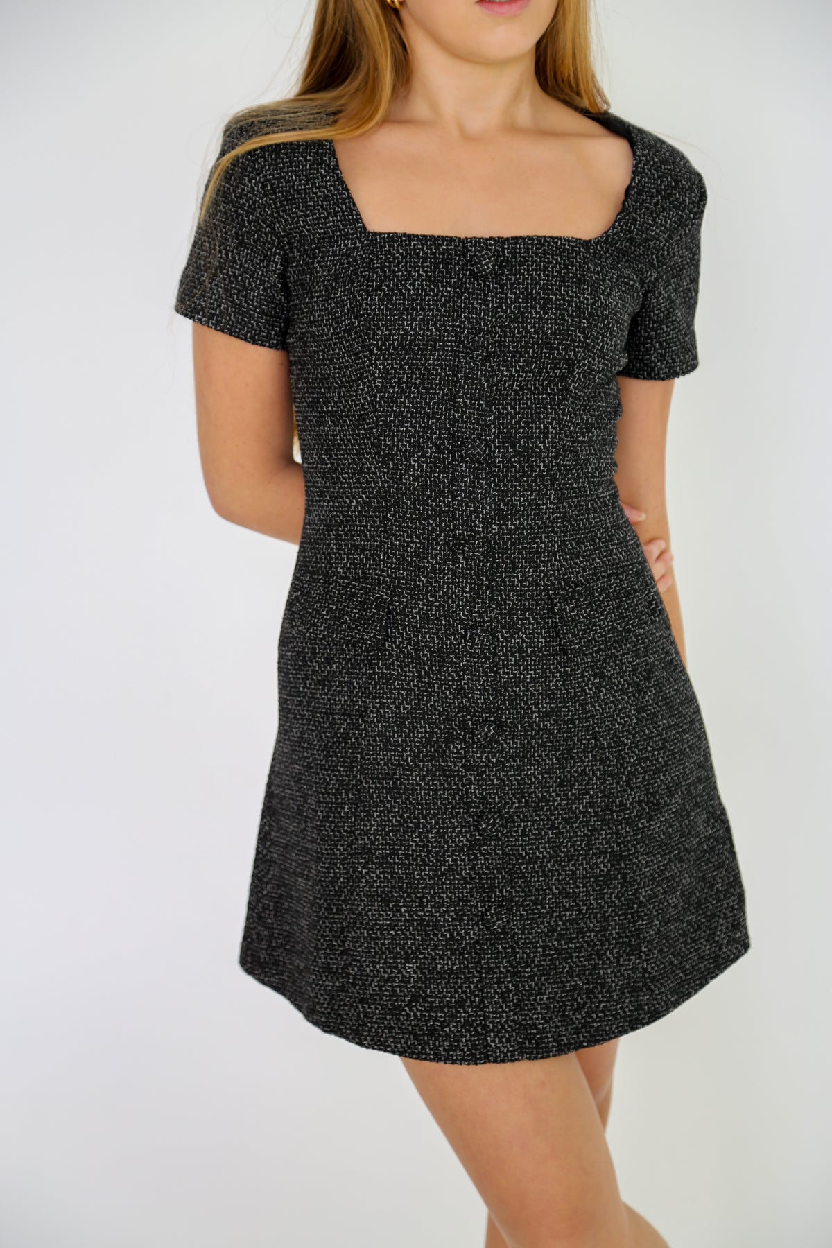 Grey Tweed Button-Front Mini Dress