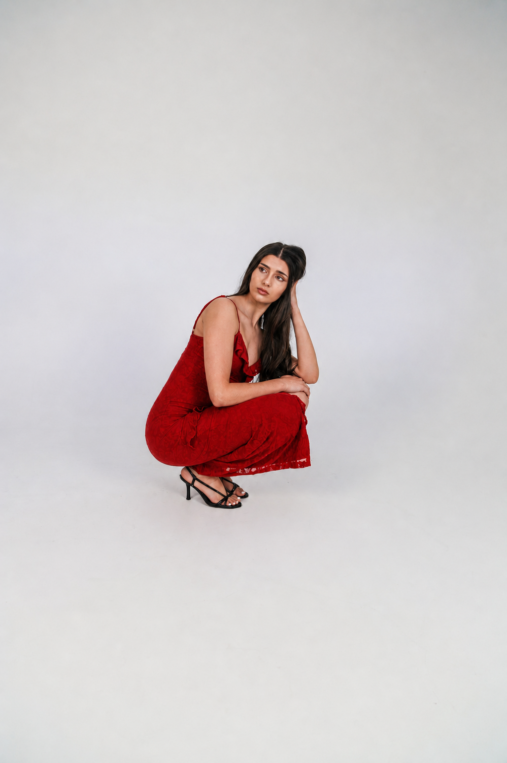Ruby Red Ruffle Lace Midi Evening