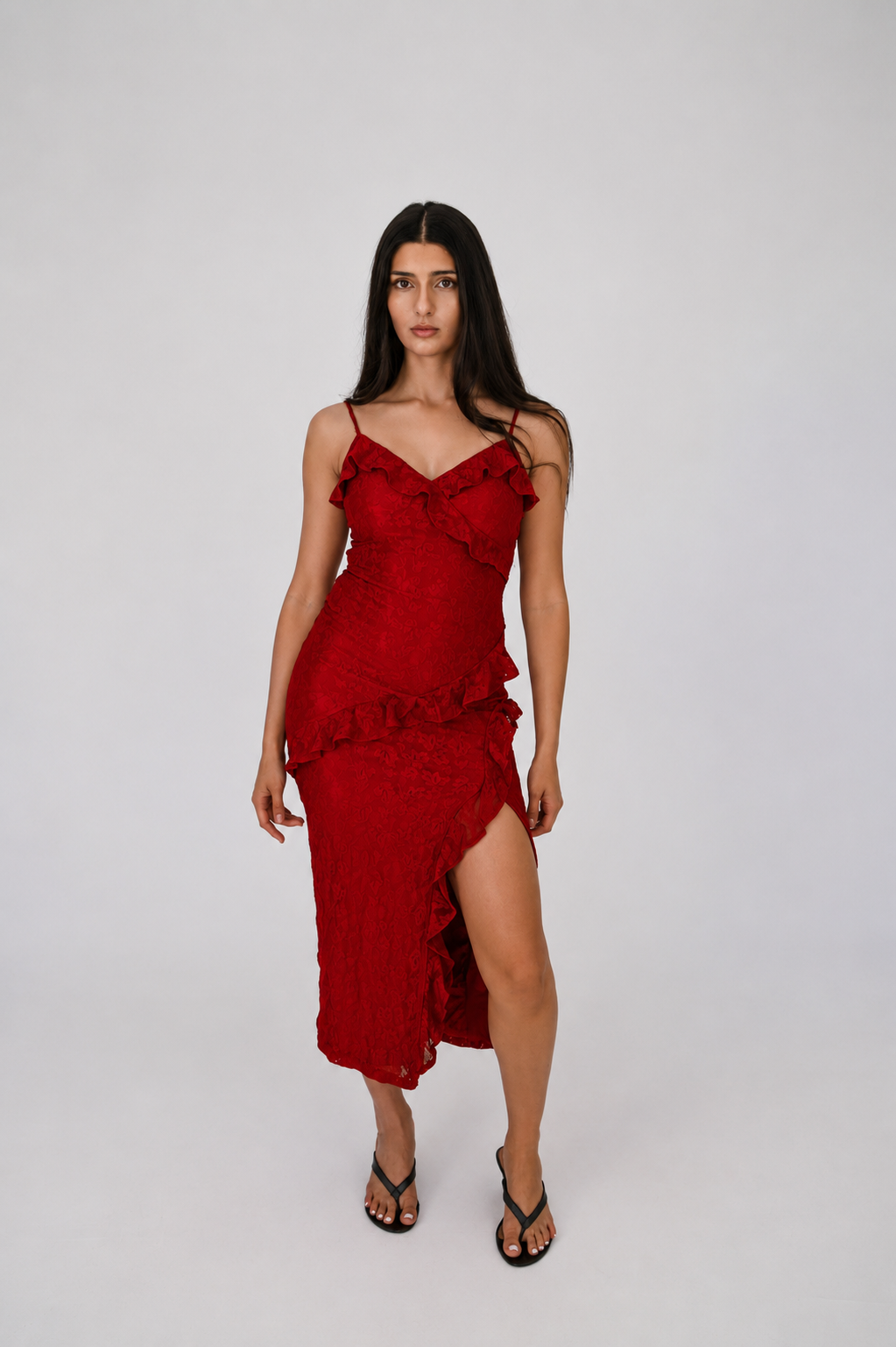 Ruby Red Ruffle Lace Midi Evening