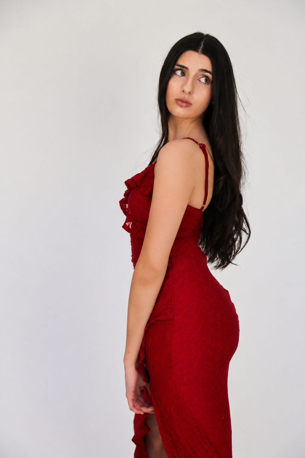 Ruby Red Ruffle Lace Midi Evening