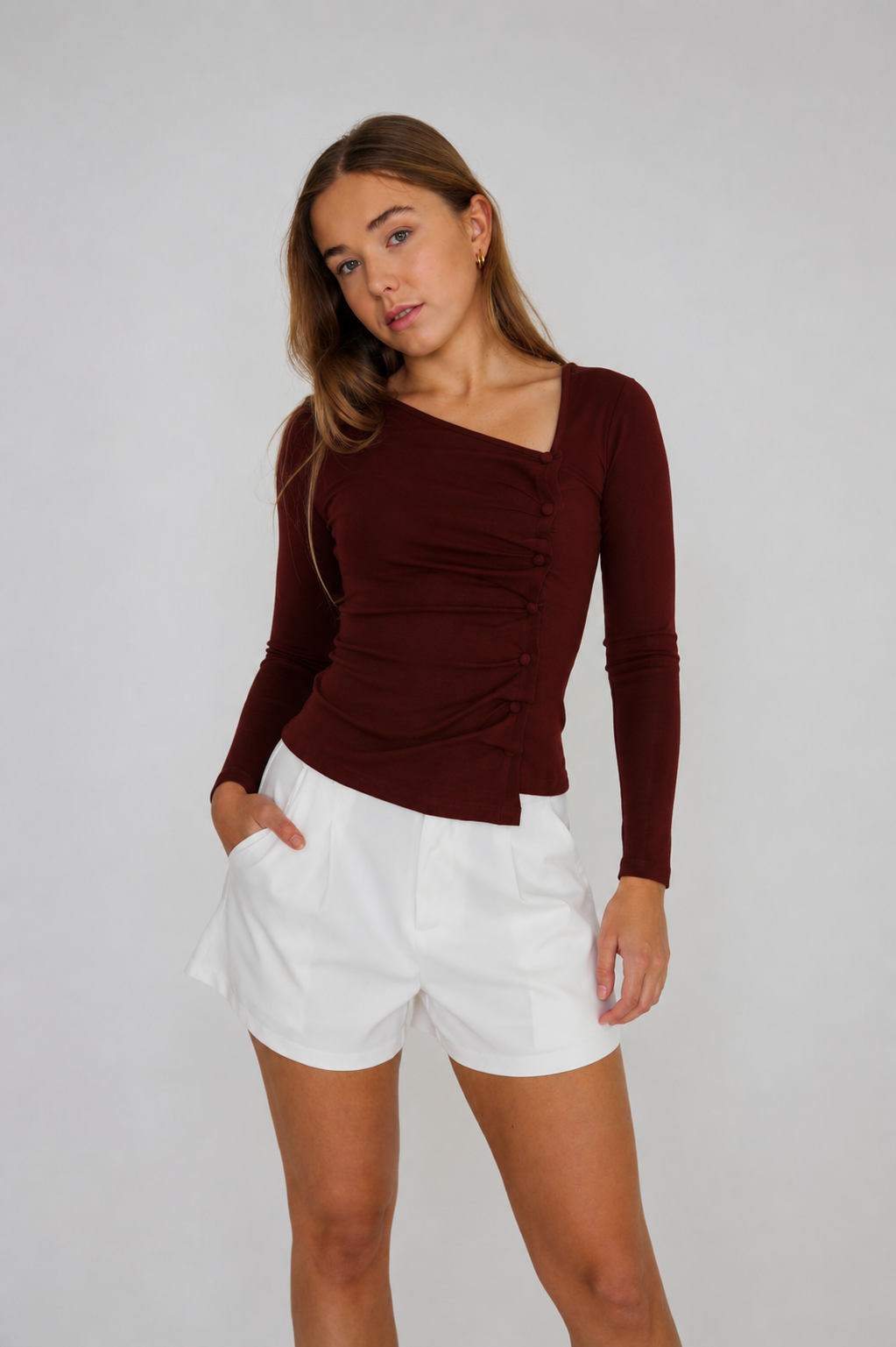 Burgundy Asymmetrical Button Top
