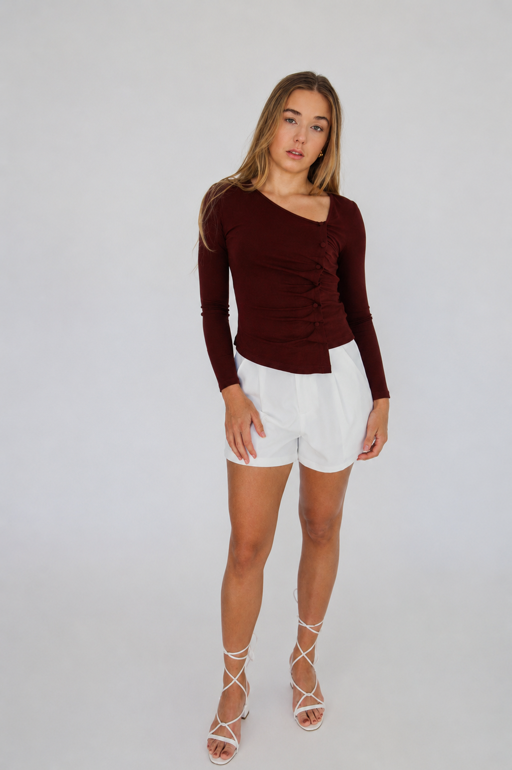 Burgundy Asymmetrical Button Top