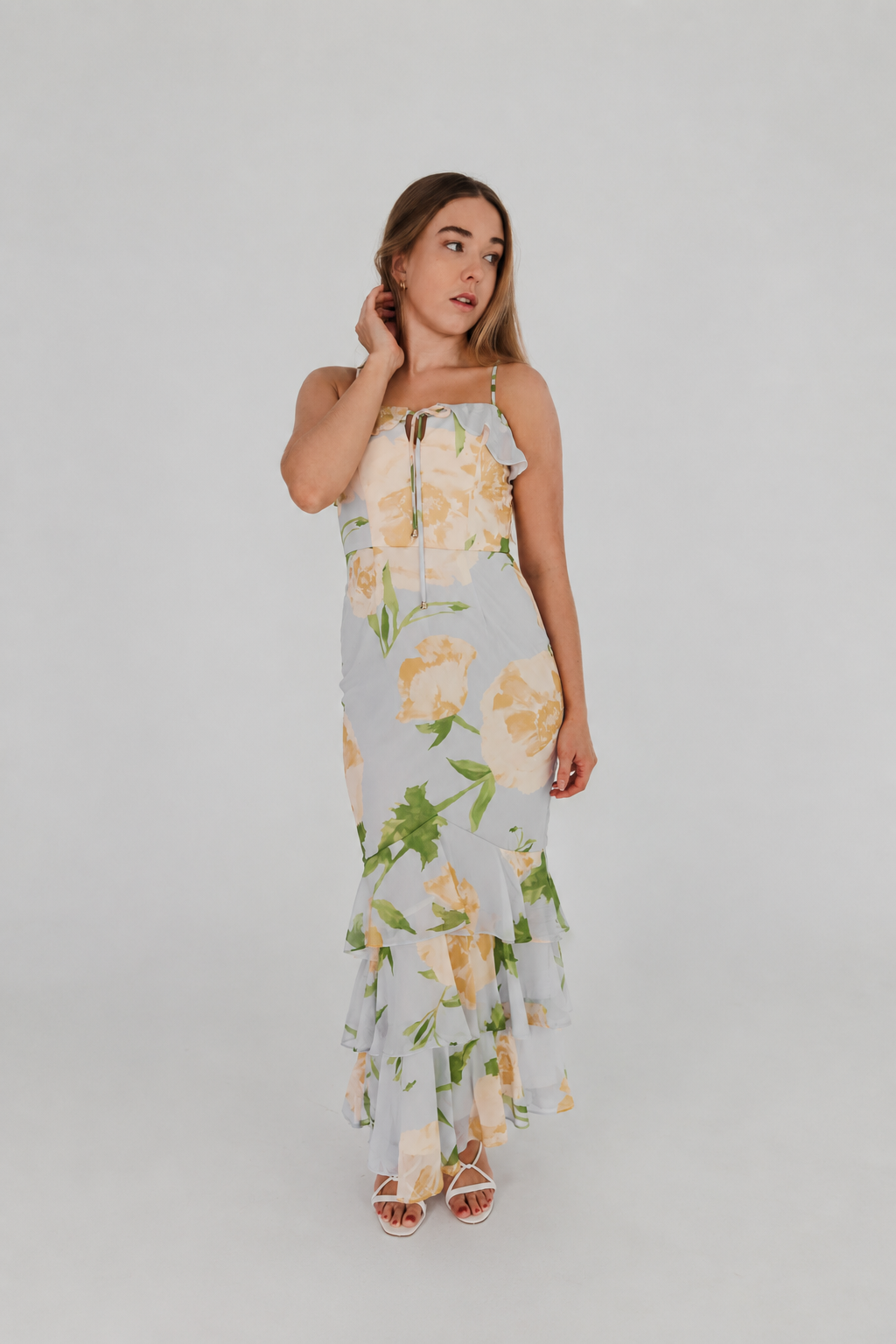 Blue floral tiered maxi dress