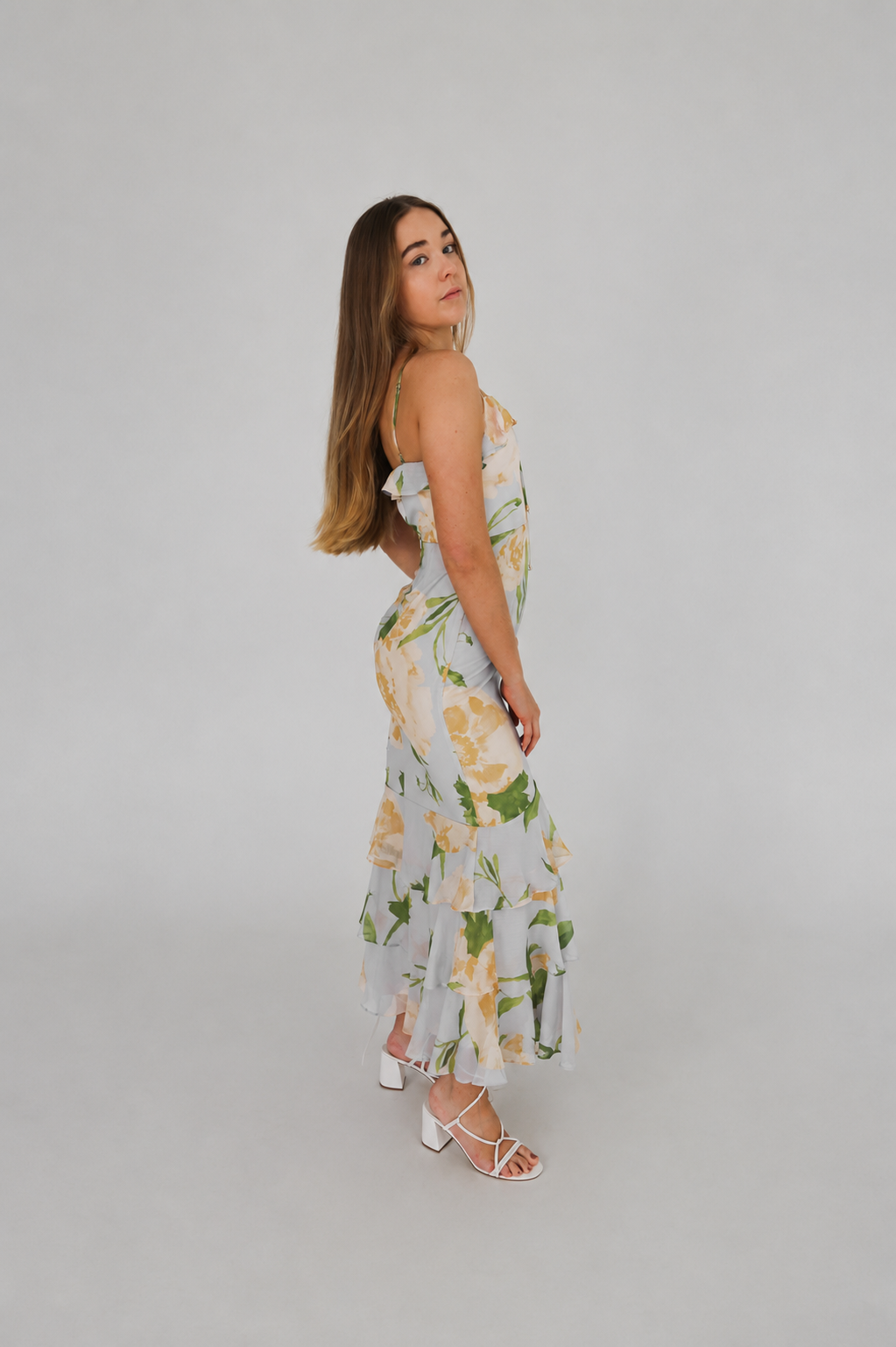 Blue floral tiered maxi dress