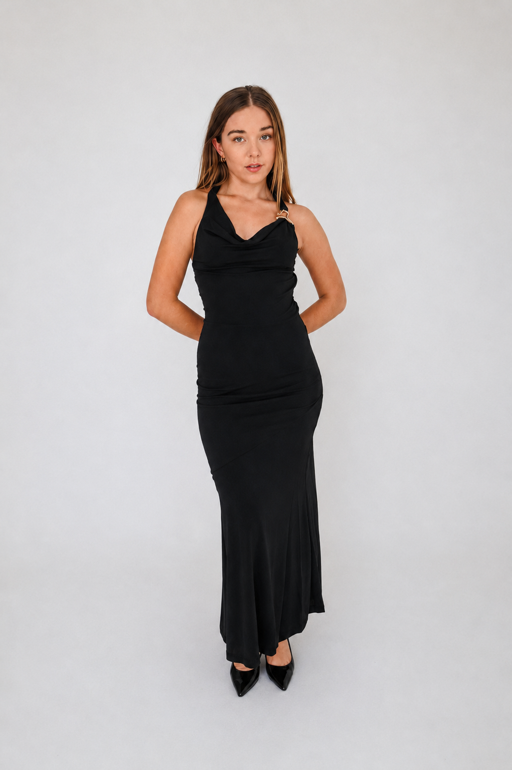 Black Halter Cowl-Neck Maxi Dress